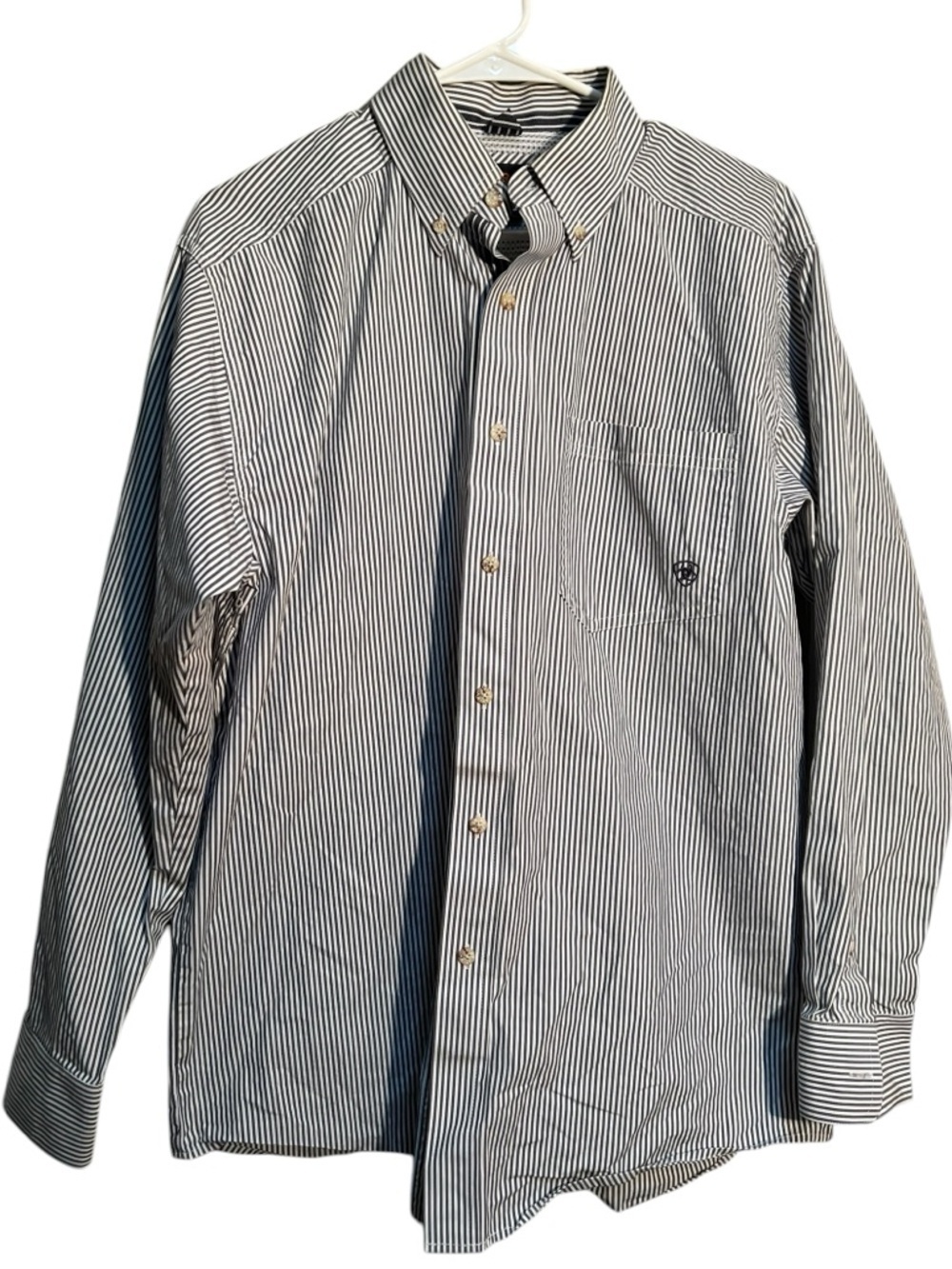 Ariat Pro Series Mens Size Medium Button Down Shirt White Gray Pinstripes Cotton